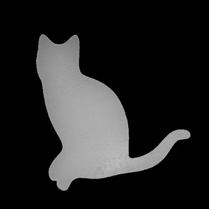 May include: A gray silhouette of a cat sitting with its tail curled around its body.