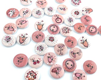 10 wooden buttons round 15 mm flower flowers roses rose VINTAGE button children's buttons baby buttons small baby children's button 2 hole hole pink white pink