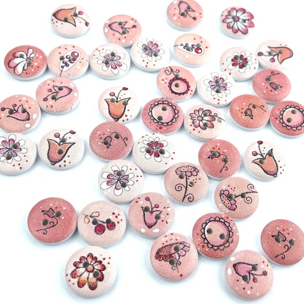 10 Holz Knöpfe rund 15mm Blume Blumen Rosen Rose VINTAGE Knopf Kinderknöpfe Babyknöpfe klein Baby Kinder button 2 Loch Hole rosa weiß pink