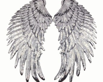 2. Wahl! 34cm Flügel Pailletten silber Bügelbild wings Applikation hot fix Bügelbilder Applikationen Engelsflügel Engel Sequins Patch silver