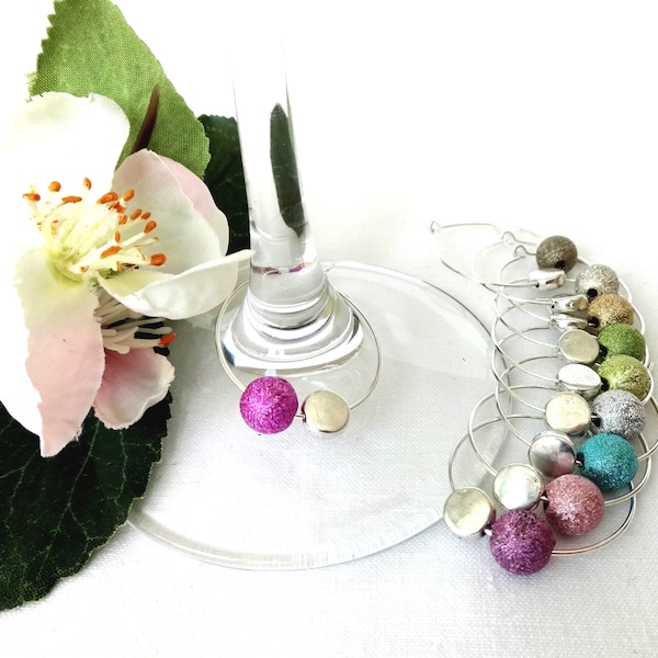 Glass markers, colorful beads, stardust, set of 10, silver-plated, glass pendants, round, champagne glass, wine glass, stemware, party, wedding, ring, star