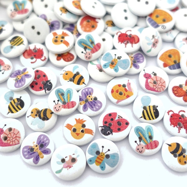 10 bois abeille papillon oiseau rond boutons 15 mm BOUTON VINTAGE Boutons enfants Boutons de bébé Garçon Bébé Enfants bouton 2 trou trou coloré blanc