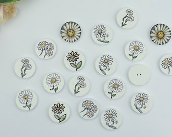 10 Holz Knöpfe rund 20mm Blume Gänseblümchen Margeriten Blumen Knopf Kinderknöpfe Babyknöpfe Baby Kinder button 2 Loch bunt weiß gelb groß