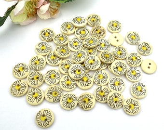 10 Holz Knöpfe rund 15mm Blume Gänseblümchen Margeriten Blumen Knopf Kinderknöpfe Babyknöpfe klein Baby Kinder button 2 Loch bunt weiß gelb