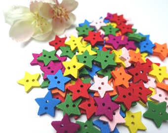 10 Wood STAR STARS Buttons 15 x 15 mm Button Kids Buttons Baby Buttons Small Boys Girl Baby Kids button 2 Hole Hole mini Pink Pink Yellow