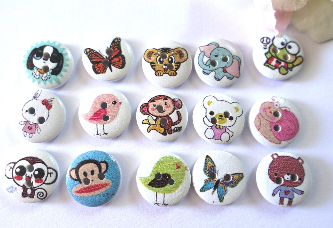 10 Wooden Animals Zoo Round Buttons 15mm VINTAGE Button Kids Buttons ...