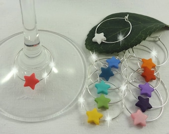 Glasmarkierer Glasmarker Stern Star bunt 12er Set versilbert Glas Anhänger Sektglas Stielgläser Party Geburtstag Weihnachten Adventskalender
