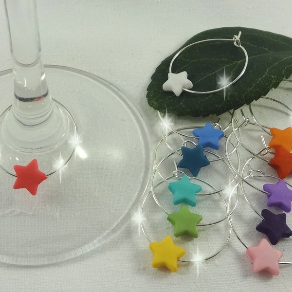 Glass markers, star-shaped, colorful, set of 12, silver-plated, glass pendants for champagne glasses, stemware, parties, birthdays, Christmas, Advent calendars