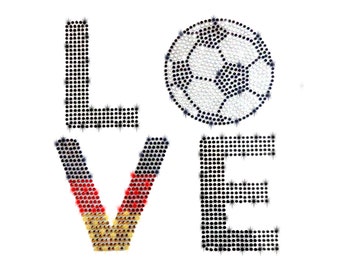 XL Strass Fussball Bügelbild Applikation Fußball Love Deutschland Germay soccer WM EM Fahne Flagge Liebe hotfix Applikationen Strasssteine
