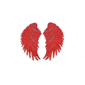 Op de afbeelding: Een paar rode engelenvleugels met een glinsterende afwerking. De vleugels zijn gemaakt van stof en hebben een delicaat, ingewikkeld ontwerp.