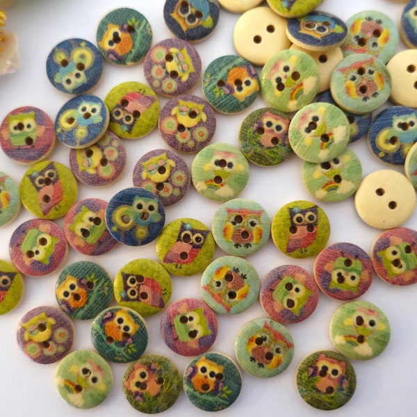 10 Bois Hibou Uhu animaux rond boutons 15 mm BOUTON VINTAGE Boutons pour bébé petits Garçons Bébé Enfants bouton 2 trous coloré beige forêt