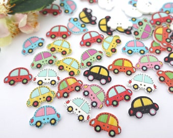 6 Holz Knöpfe PKW Auto Knopf Jungen Buben Babyknöpfe Kinder button 2 Loch Hole Jacke bunt rot gelb grün blau weiß Fahrzeug Käfer Kleinwagen