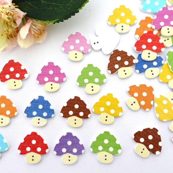 10 Holz Pilz Fliegenpilz Knöpfe 22mm Knopf Kinderknöpfe Babyknöpfe Jungen Mädchen Baby Kinder bunt mehrfarbig button 2 Loch Jacke Pilze bunt