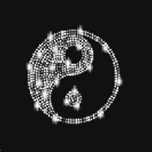 Könnte beinhalten: Ein schwarz-weißes Yin-Yang-Symbol aus kleinen weißen Punkten auf schwarzem Hintergrund.