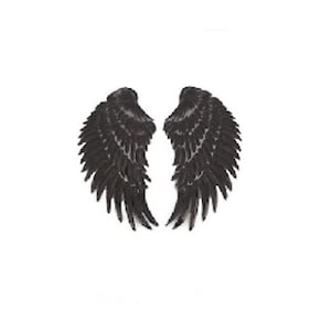 Könnte beinhalten: Ein Paar schwarze Engelsflügel mit einem gefiederten Design.