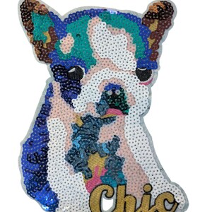 Könnte beinhalten: Ein bunter Pailletten-Aufnäher mit einem Cartoon-Hund und dem in goldenen Garn gestickten Wort "Chic".