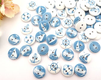 10 Wood Maritim Round Buttons 15mm VINTAGE Blue White Button Kids Buttons Baby Buttons Small Boys Baby Kids button 2 Hole Hole Boat Anchor