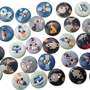 10 bottoni 15 mm rotondi spazio astronauta pianeta razzo UFO legno VINTAGE bottone bambini bottoni ragazzi neonato bambini asola colorato