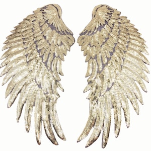 Könnte beinhalten: Ein Paar goldene Flügel mit Pailletten und einem Netzrücken. Die Flügel sind etwa 25 cm hoch und 18 cm breit.