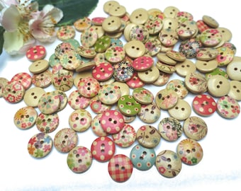 10 Holz Knöpfe rund 15mm Blumen & Muster Blumen VINTAGE Knopf Kinderknöpfe Babyknöpfe klein Jungen Baby Kinder button 2 Loch Hole bunt natur