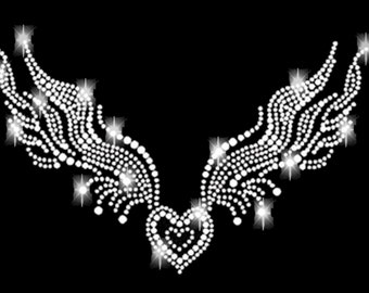 Strass Herz Flügel Applikation Bügelbild hot fix Applikationen Strasssteine rhinestone Herzen Liebe heart love Bügelbilder wings silber klar