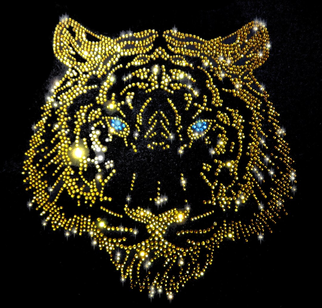 Tiger Rhinestone XL 26 Rhinestone Appliqué Tiger Head Colorful Gold Iron-on Hot Fix ...