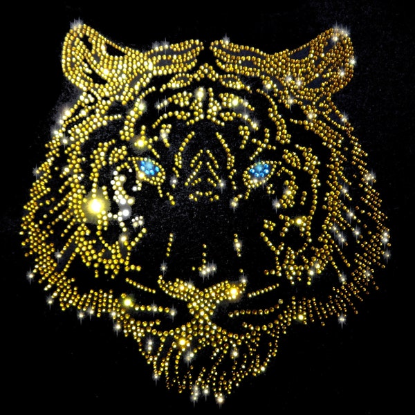 XL 26 Strass Applikation Tiger Kopf Bunt Gold Bügelbild hot fix Applikationen Strasssteine rhinestone gold König Dschungel Raubkatze Katze