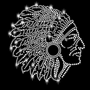 Könnte beinhalten: Ein schwarzes und weißes Strass-Design eines Frauenkopfes mit einer großen Afro-Frisur.