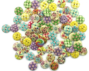 10 Holz Knöpfe rund 15mm Blumen & Muster Karo VINTAGE Knopf Kinderknöpfe Babyknöpfe klein Jungen Baby Kinder button 2 Loch Hole bunt natur