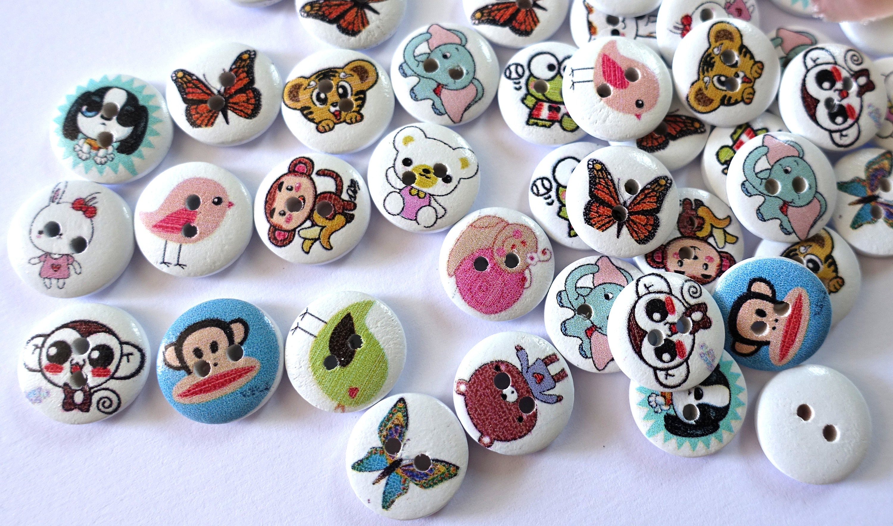 10x Vintage Tier-Knöpfe – 15 Mm, Aus Holz – Bunt, Mit Fisch & Pinguin-Motiv – Süß Für Kinderkleidung