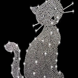 May include: A sparkling rhinestone cat design against a black backdrop. The cat is shown in a seated position, with its tail curled. The cat is composed of numerous small, glittering rhinestones, creating a shimmering effect. The whiskers are also made of rhinestones.