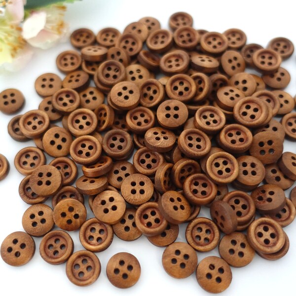 10 Holz Rund Knöpfe 11,5 mm braun Mittelbraun Vintage Retro Knopf Tracht Oktoberfest Wiesn Jacke Baby Kinder Natur Dirndl button 4 Loch Hole