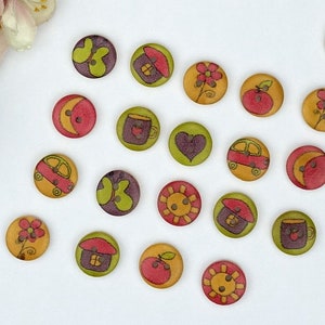 10 bottoni colorati rotondi in legno 15 mm bottone VINTAGE bottoni per bambini bottoni per bambini ragazzi bottoni per bambini 2 fori cuore auto sole farfalla fiore
