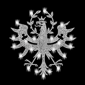 Könnte beinhalten: Ein weißes Adler-Design aus Strasssteinen, mit einer Krone auf dem Kopf. Der Adler blickt nach vorne, die Flügel ausgebreitet. Das Design ist auf schwarzem Hintergrund.