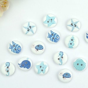 10 bottoni rotondi in legno a forma di pesce, 15 mm, bottoni VINTAGE, bottoni per bambini, bottoni per neonati, ragazzi, neonati, tartaruga, medusa, conchiglia, stella marina, balena, blu