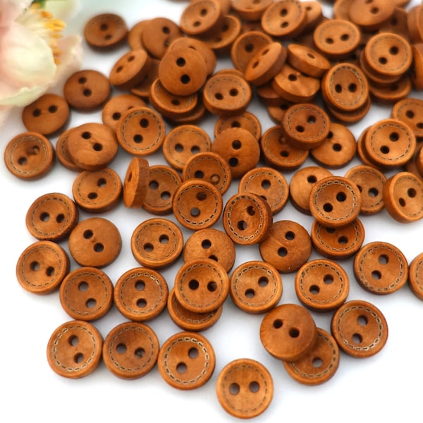 10 Holz Rund Knöpfe 10mm Naht Vintage Holz Knopf Tracht Oktoberfest Wiesn Jacke Baby Kinder Natur klein button 2 Loch Hole braun Mittelbraun