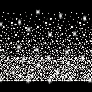 May include: A black background with a white pattern of small and large circles and stars. The pattern is denser at the bottom and less dense at the top.
