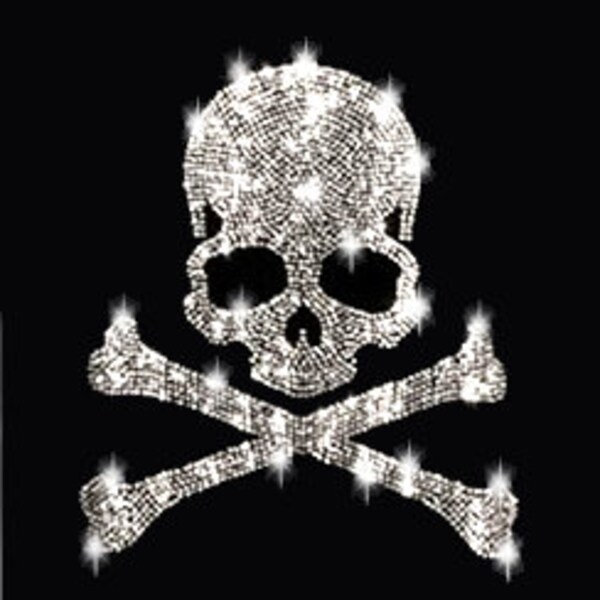 XL klar Strass Applikation Totenkopf Knochen Pirat Beine Skull Schädel Bügelbild Applikationen Strasssteine gothic rhinestone bones bügeln