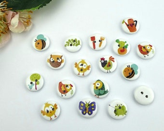 10 wooden buttons farm animals round 15 mm VINTAGE button children's buttons baby buttons boys baby children button 2 hole colorful white chick chicken rooster