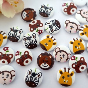 10 bottoni rotondi in legno a forma di animale da 15 mm, bottoni VINTAGE, bottoni per bambini, bottoni per neonati, piccoli ragazzi, bottoni per bambini, 2 fori, colorati, marrone, scimmia, leone, orso