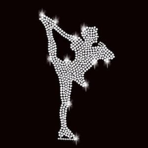 May include: A white rhinestone figure skater silhouette on a black background.