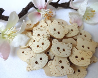 10 Holz Tiger Katze Knöpfe 19x14 mm Knopf Kinderknöpfe Babyknöpfe klein Jungen Mädchen Baby Kinder braun hell button 2 Loch Hole Wildkatze