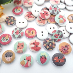 10 animali in legno volpe bottoni rotondi 15 mm bottone VINTAGE bottoni per bambini bottoni per bambini ragazzi bottoni per bambini 2 fori foro colorato bianco animali della foresta autunno