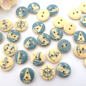 10 houten maritieme ronde knopen 15 mm VINTAGE blauw beige knoop kinderknopen babyknopen kleine jongens baby kinderknoop 2 gaten bootanker