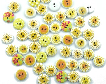 10 Holz Knöpfe rund 15mm gelb Blume Blumen Sonne VINTAGE Knopf Kinderknöpfe Babyknöpfe klein Jungen Baby Kinder button 2 Loch Hole weiß Mix