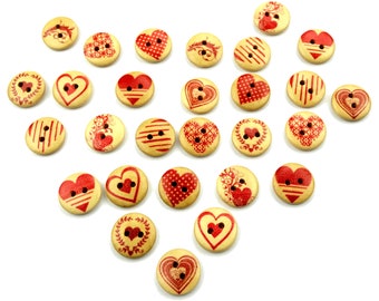 10 Holz Herz Herzen rot rund natur Knöpfe 15 mm VINTAGE Knopf Kinderknöpfe Babyknöpfe Jungen Baby Kinder button 2 Loch Hole rot heart beige