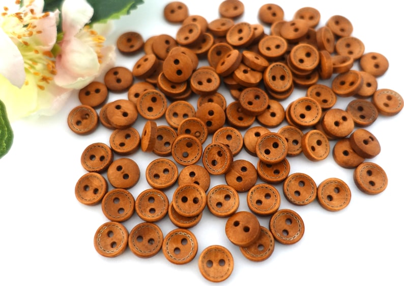 10 Holz Rund Knöpfe 10mm Naht Vintage Holz Knopf Tracht Oktoberfest Wiesn Jacke Baby Kinder Natur klein button 2 Loch Hole braun Mittelbraun Bild 2