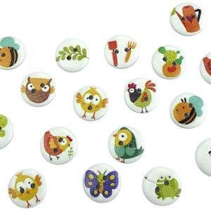 10 bottoni in legno animali della fattoria rotondi 15 mm bottoni VINTAGE bottoni per bambini bottoni per bambini ragazzi bottoni per bambini 2 fori colorato pulcino bianco pollo gallo