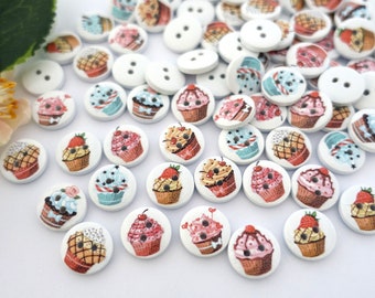 10 Wood Cupcake Buttons 15mm Cake Muffin Cake Cute Round VINTAGE Button Kids Buttons Baby Buttons Kids button 2 Hole Hole Colorful White Baby