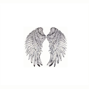Könnte beinhalten: Ein Paar silberne Flügel mit Pailletten. Die Flügel sind groß und detailliert mit einem gefiederten Design.